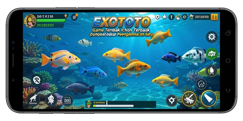 Screenshot gameplay EXOTOTO menampilkan aksi seru menembak ikan.