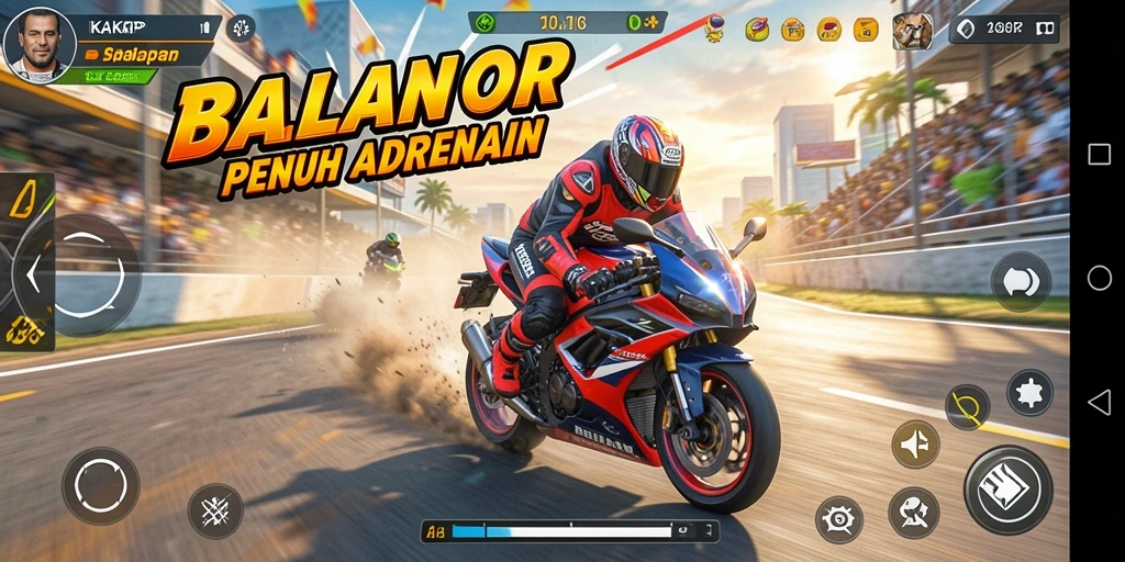 Tampilan gameplay balapan motor yang seru dan menantang.