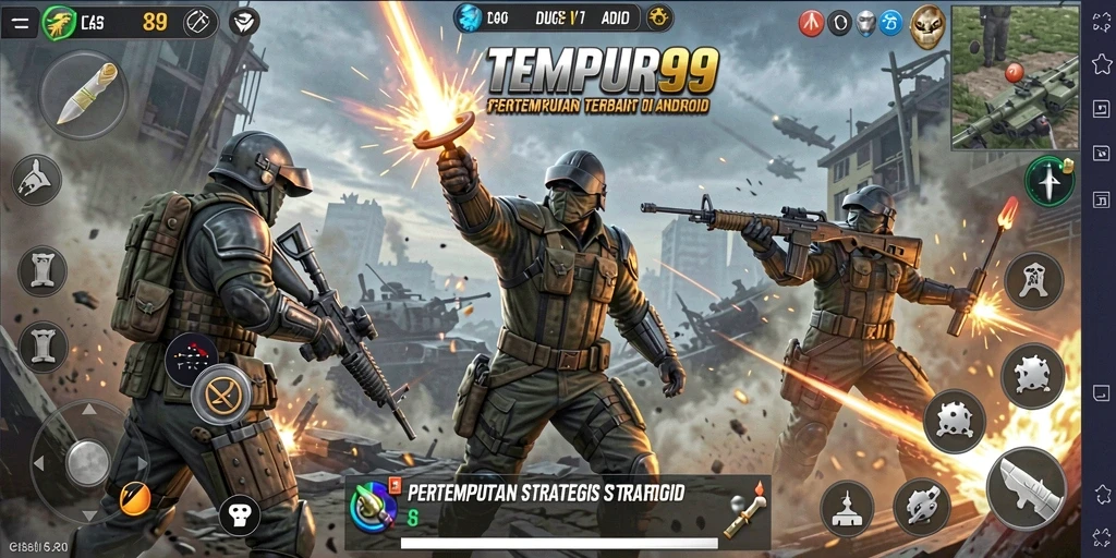 Screenshot gameplay TEMPUR99 yang menunjukkan pertempuran strategis.