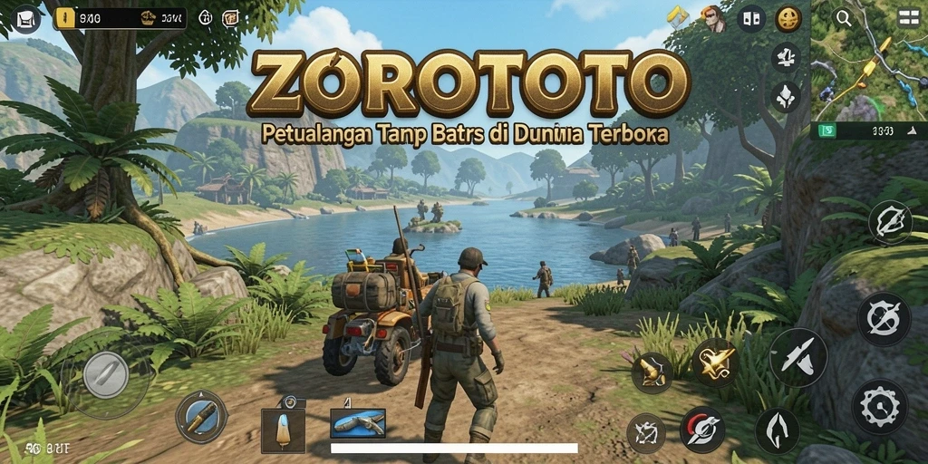Tangkapan layar gameplay ZOROTOTO yang menampilkan eksplorasi dunia terbuka.